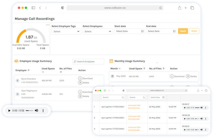 callyzer call recording synchronization data dashboard