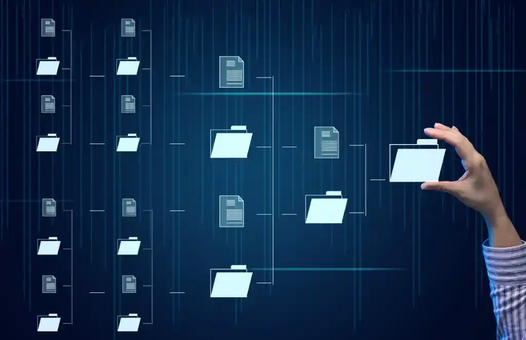 Photo scheme of automation of electronic document management and female hand put document in place, representing data collection and storage