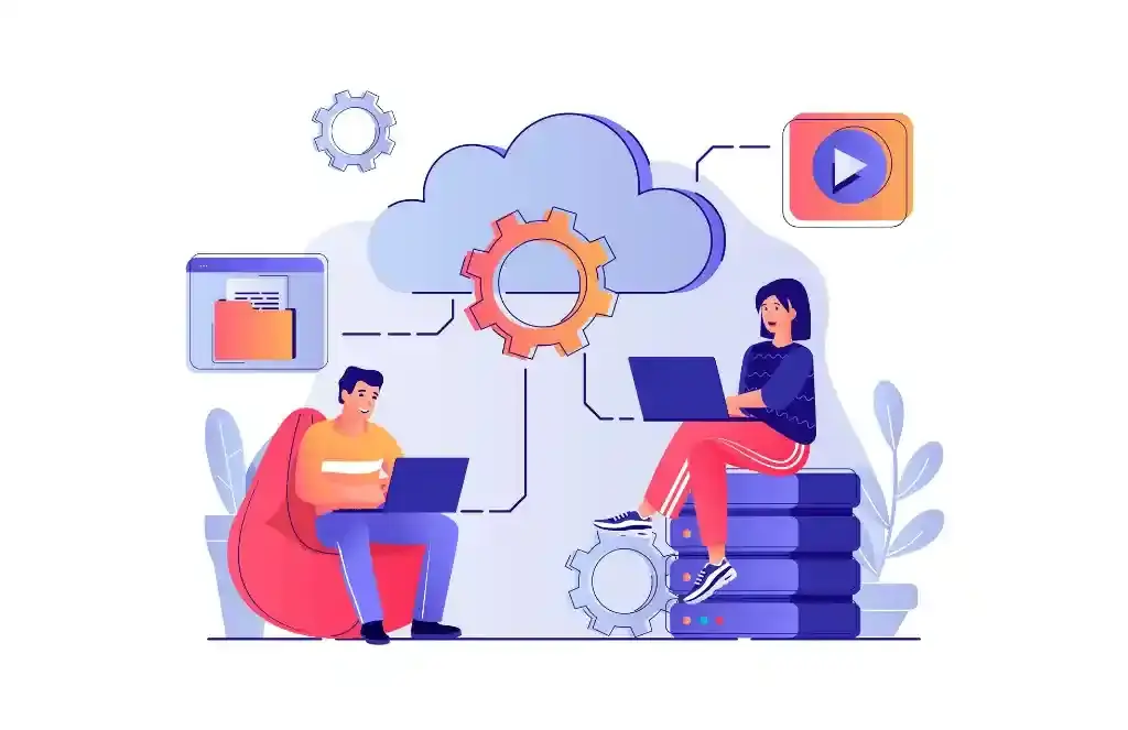 Cloud computing concept with people scene man and woman processing information at laptops using cloud, representing system integration