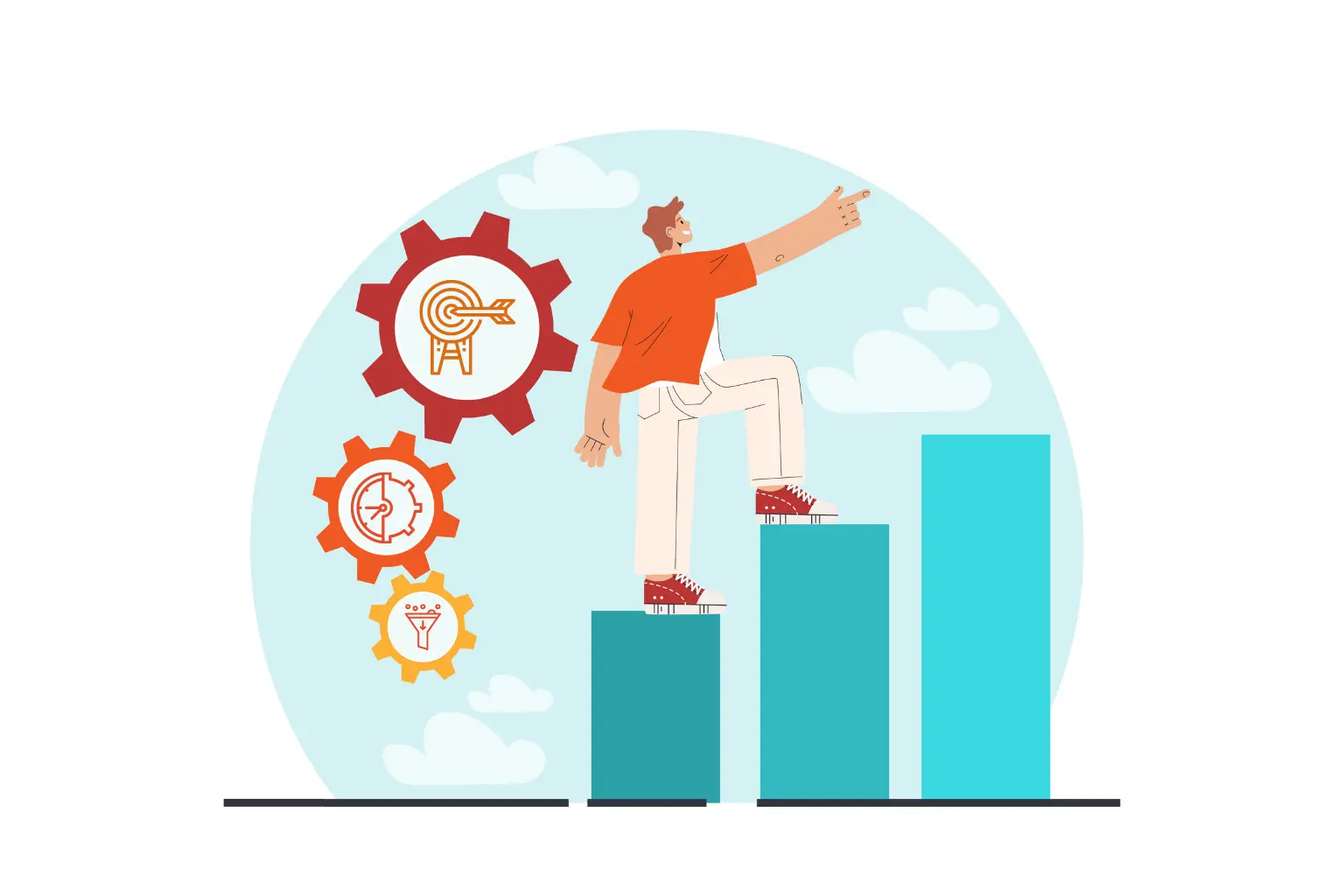 A person standing atop a graph aiming for growth. Behind him, customized vectors of goal, time management and leads funnel are mentioned. 