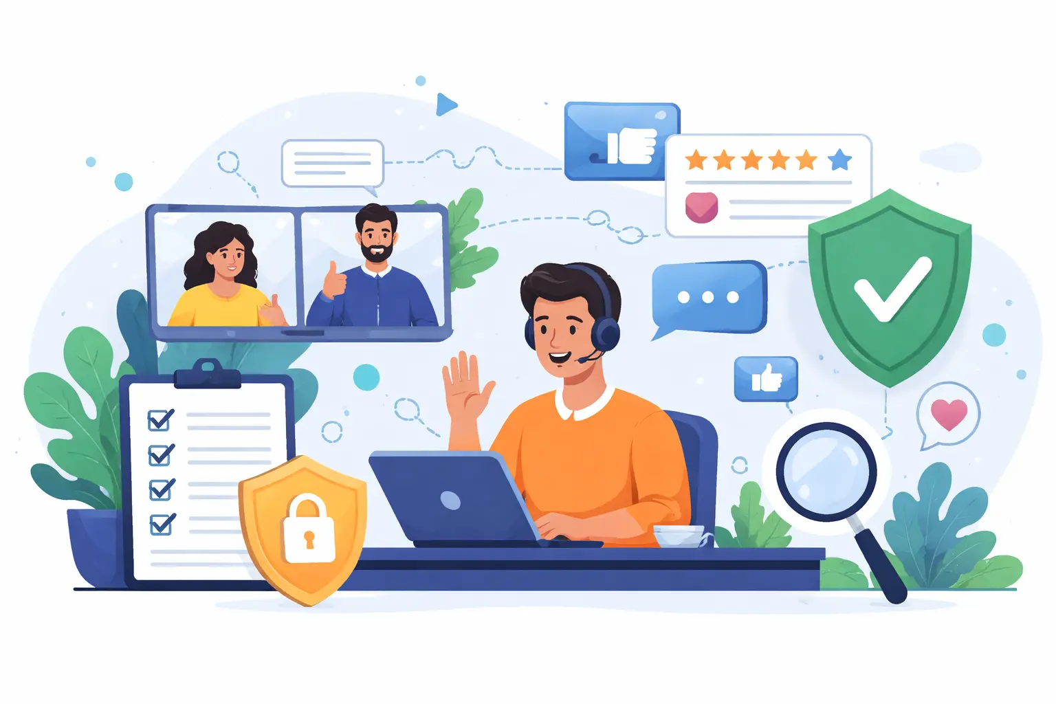 A telesales manager sits at a desk, working on a laptop with a phone beside him