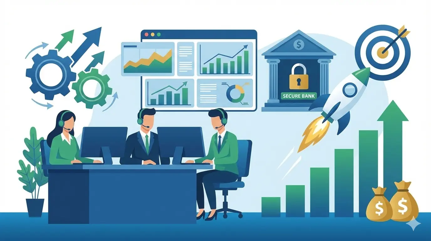 A team of business people working together on a computer, reviewing financial graphs and surrounded by cash.