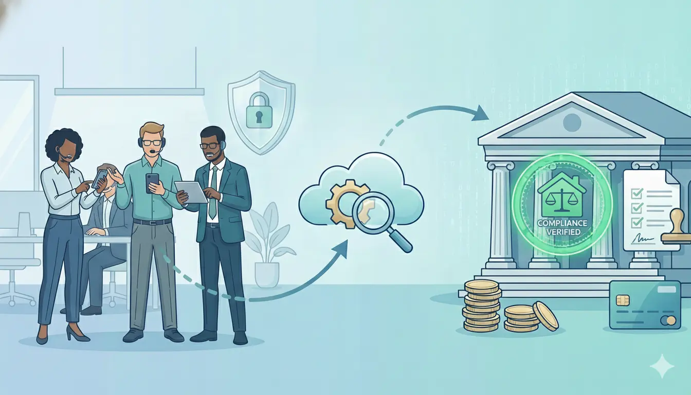 Illustration of individuals near a bank with a cloud symbol, depicting smart call tracking for compliance in banking