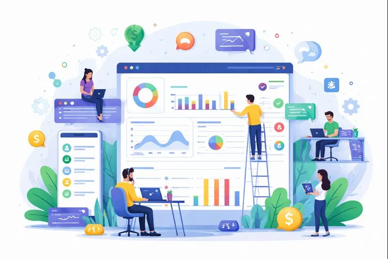 Individuals working together on a laptop, analyzing graphs and charts to interpret data trends.