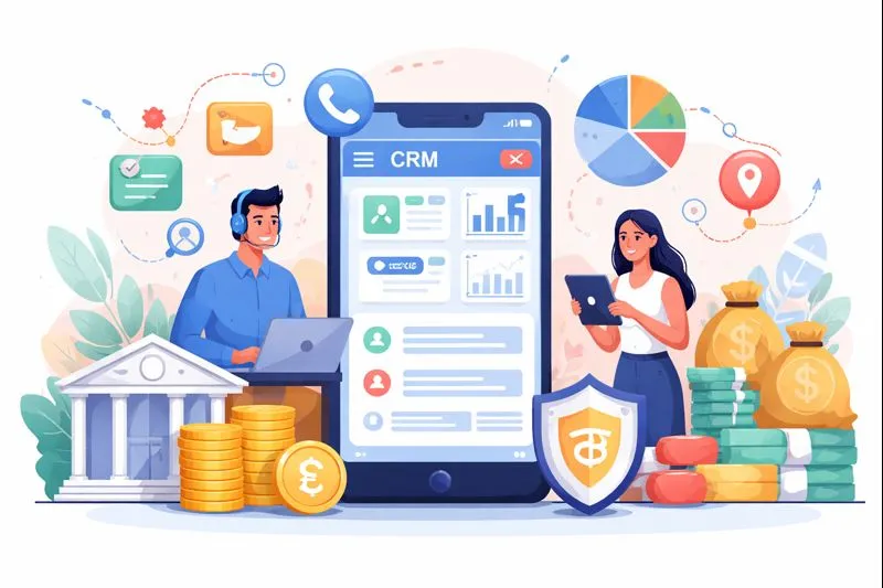 Visual of CRM mobile app, highlighting tools for budgeting and financial management.