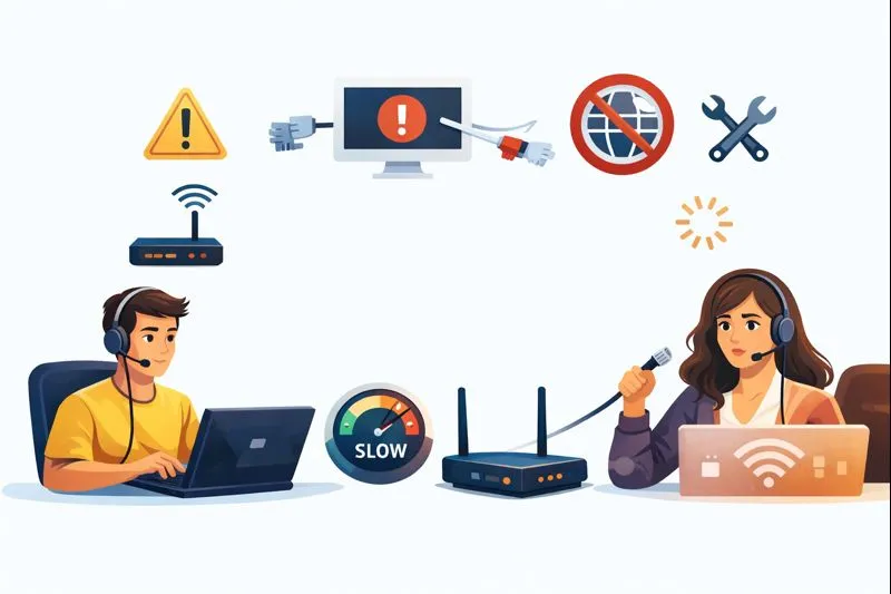 A man and woman troubleshoot network issues on laptops and a phone while working from home for telesales teams.