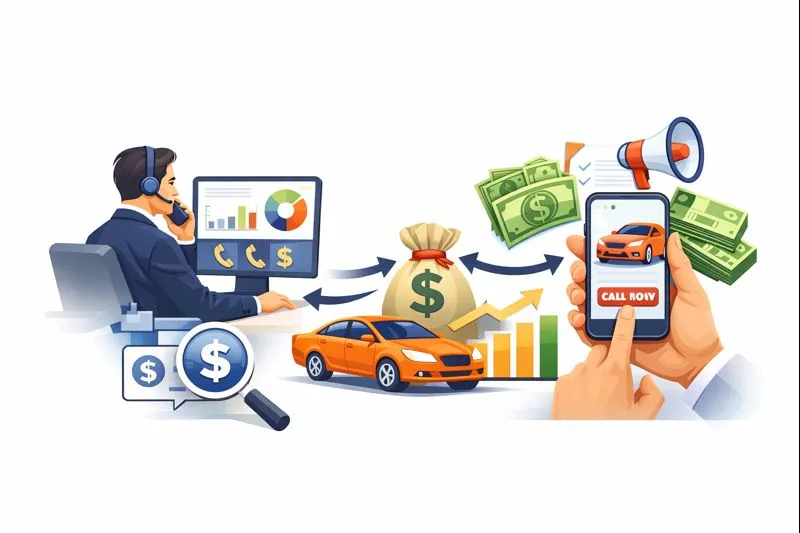 A man engaged in making a car payment via his phone, representing revenue attribution for sales calls and ads in dealerships.