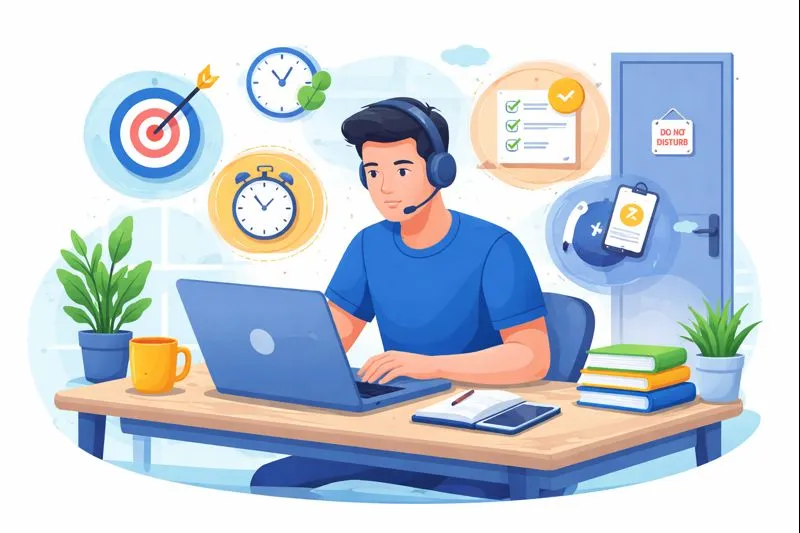 A man with headphones is absorbed in his laptop, implementing focus strategies for remote sales while minimizing distractions.