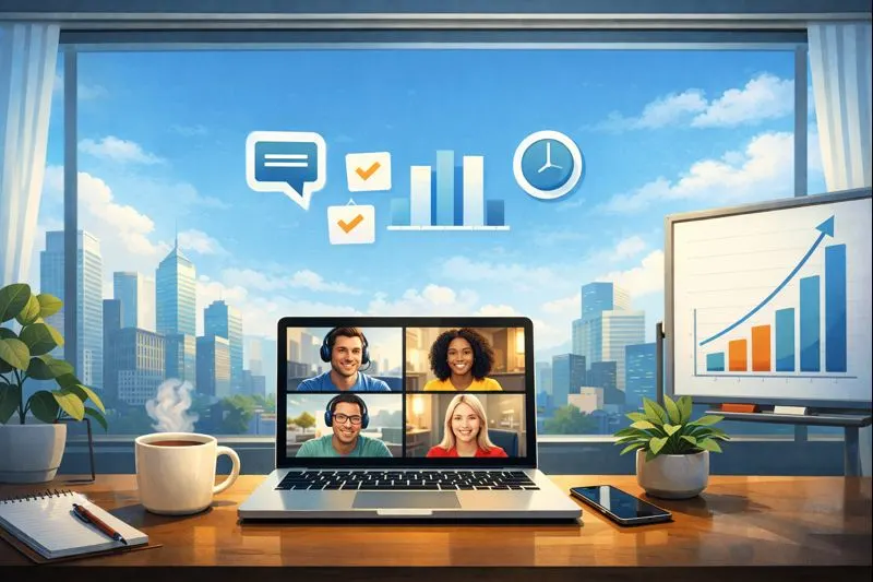 A laptop featuring a video call with several people collaborating on effective remote sales standups.