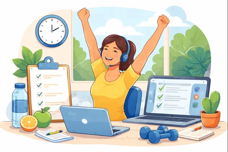 A woman sits at her desk with arms raised, reflecting energy and motivation for remote telesales teams at midday.