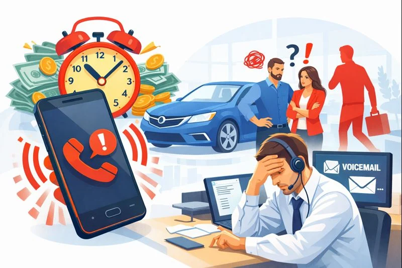 A man looks at a car with a phone in hand, emphasizing the challenges of call management in the automotive industry.