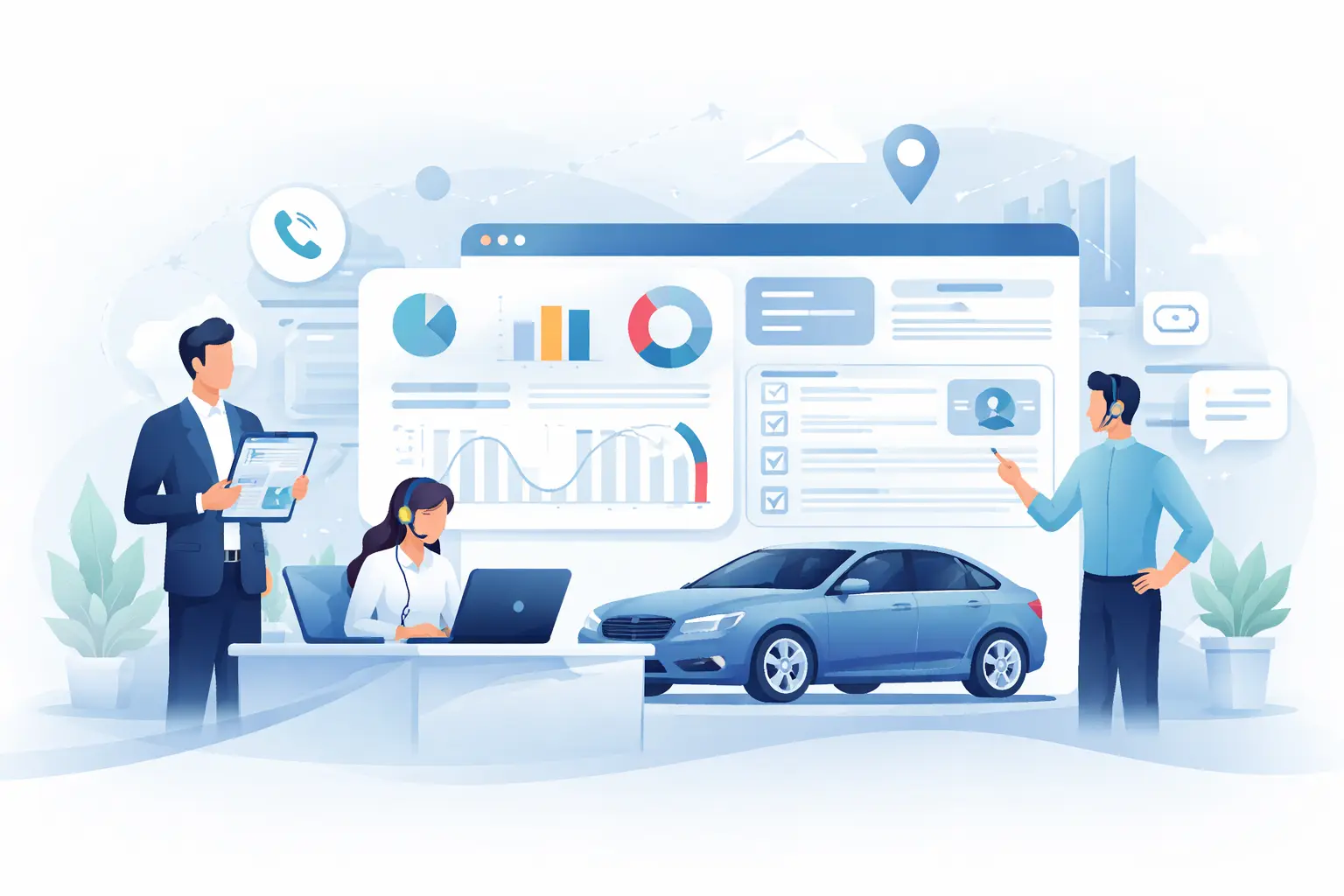 The image features a car paired with data charts, demonstrating the benefits of data-driven call tracking for dealerships.