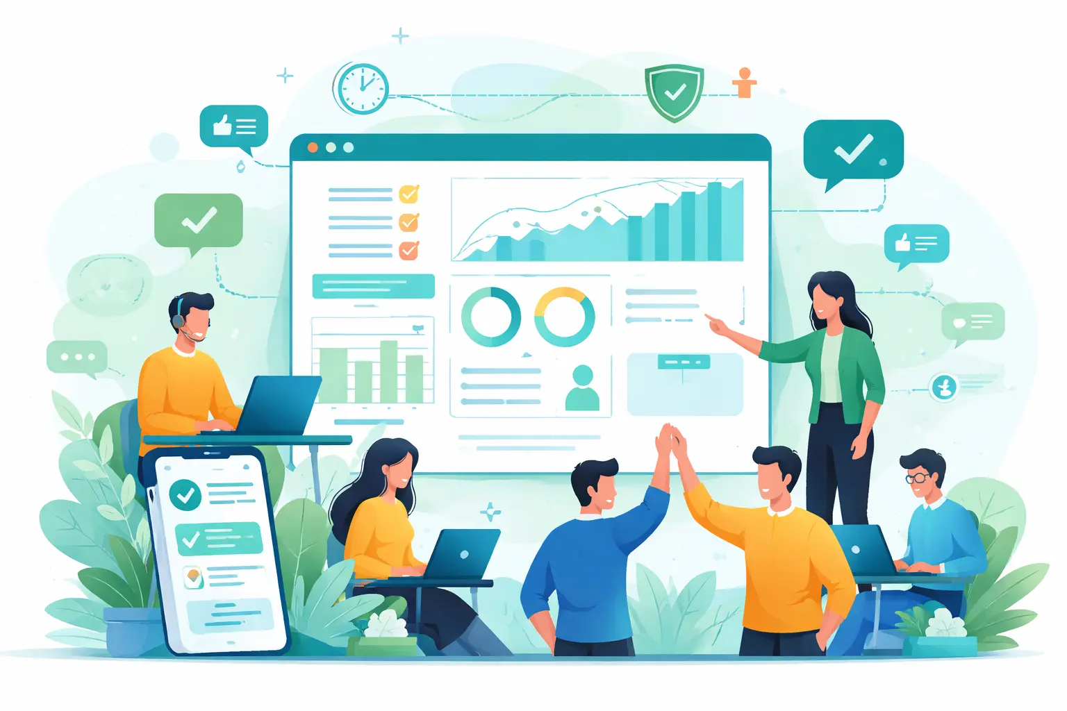 Team members collaborate on a presentation, with a screen displaying graphs and charts on increasing morale through monitoring.