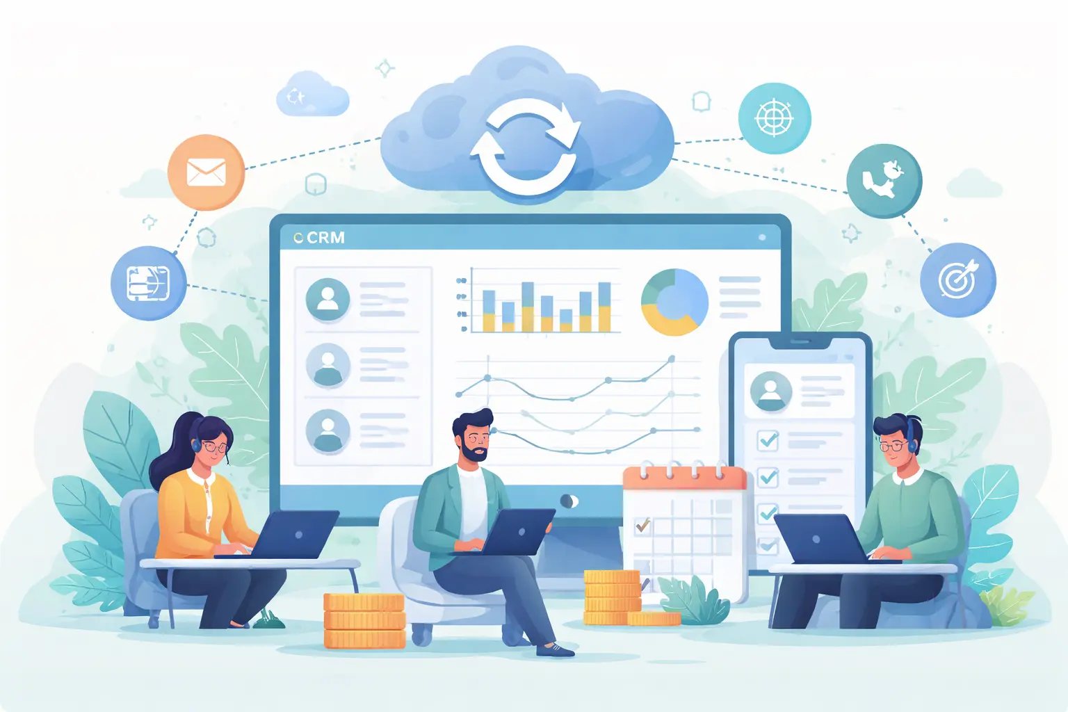 Illustration of a remote sales team working on laptops around a large CRM dashboard, with cloud synchronization icons, charts, and connected data elements in soft pastel colors, representing unified sales visibility and CRM integration.