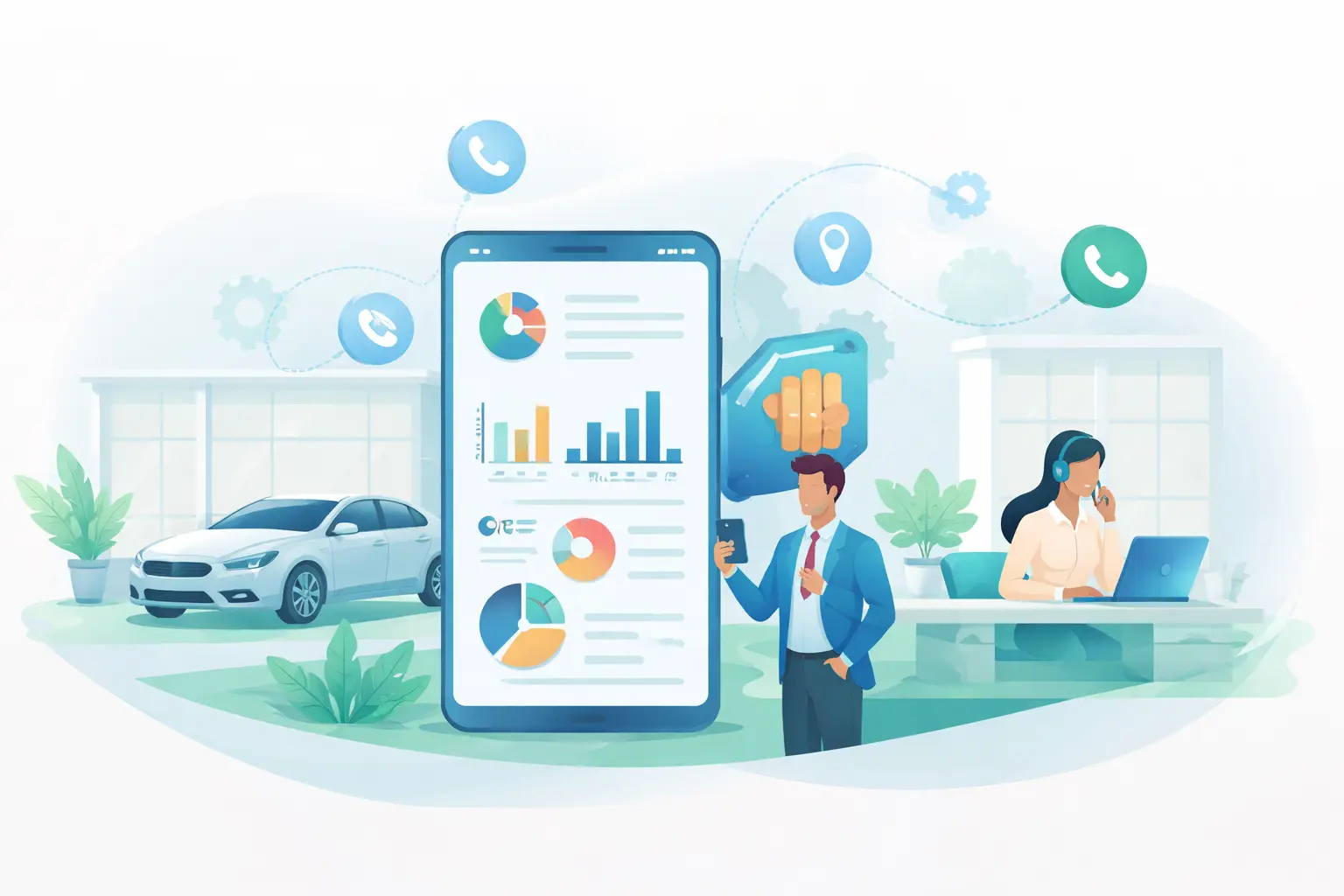Illustration of a modern automobile dealership with a car in the showroom, sales staff using smartphones and laptops, and a large smartphone displaying call tracking analytics