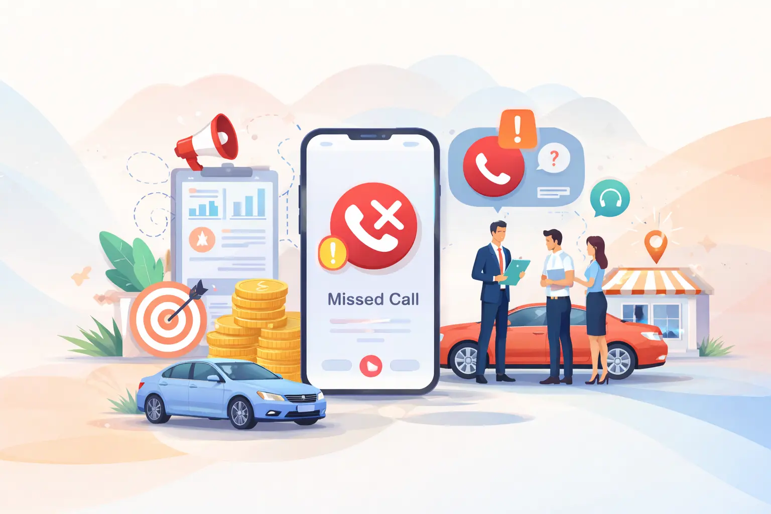 Illustration showing a missed phone call on a smartphone surrounded by dealership sales activity, cars, sales staff, and follow-up indicators, highlighting how missed calls impact automotive lead management.