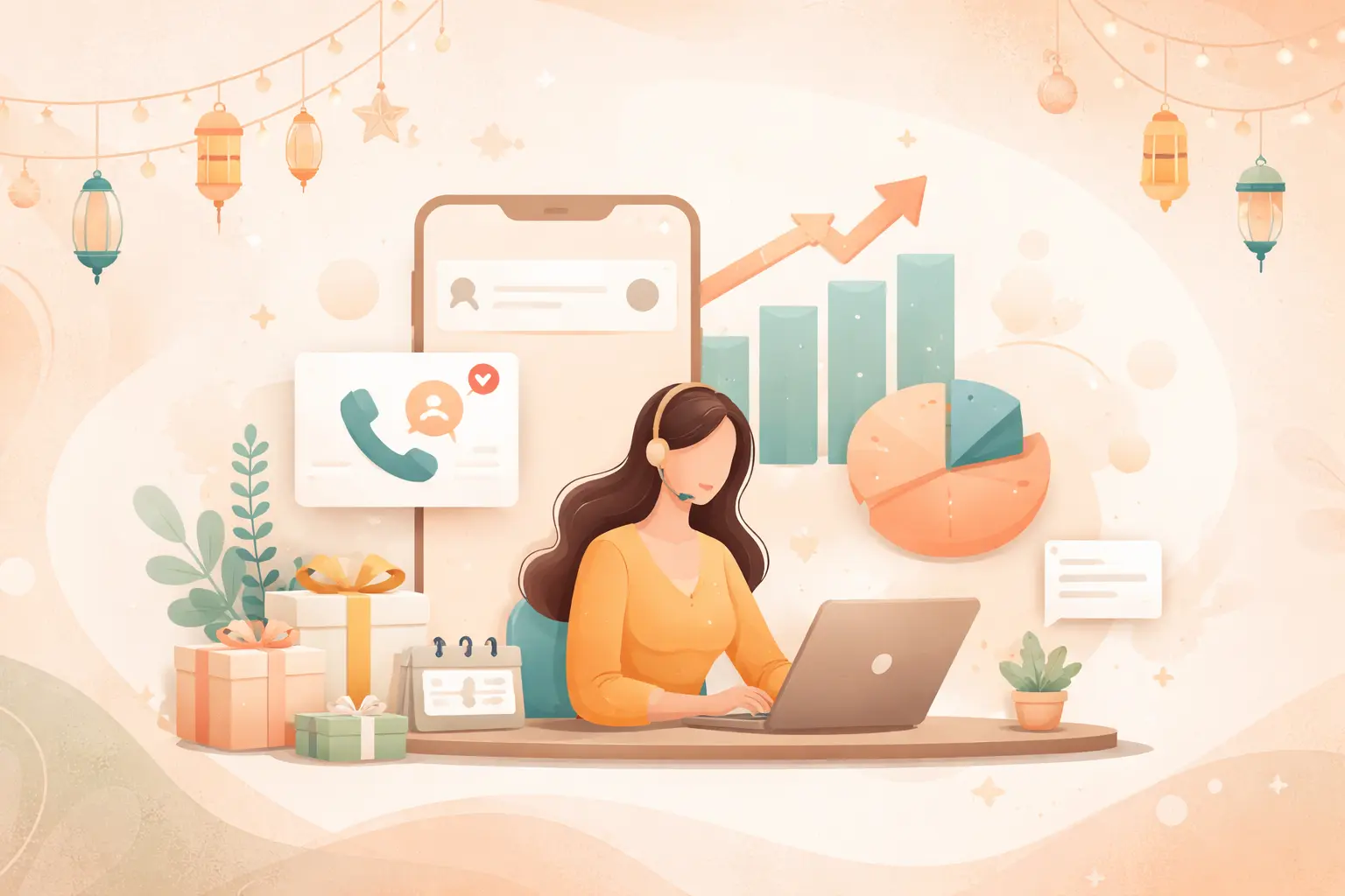 illustration of a remote telesales agent working on a laptop during the festive season, with subtle graphics showing missed calls, rising performance charts, and festive elements symbolizing remote sales monitoring and recovery.