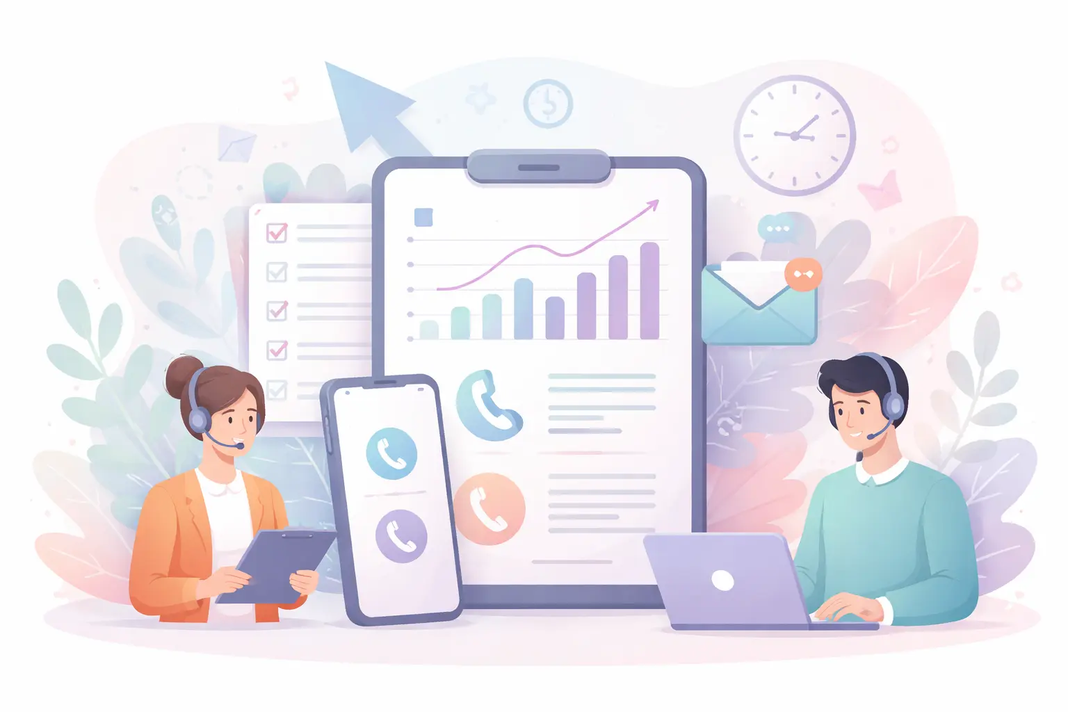 illustration of cold calling analytics with call center agents, dashboard charts, phone icons, and productivity elements.