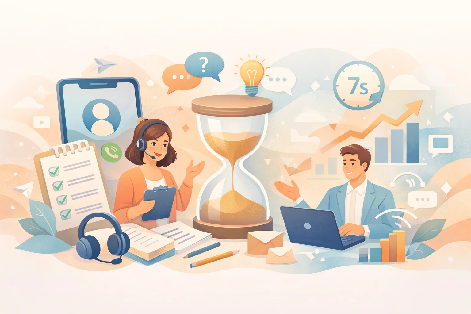 illustration of a sales call scenario featuring a headset-wearing agent, hourglass symbolizing seven seconds, speech bubbles, checklist, smartphone call screen, and performance growth charts, representing effective call opening scripts and reduced hang-ups.