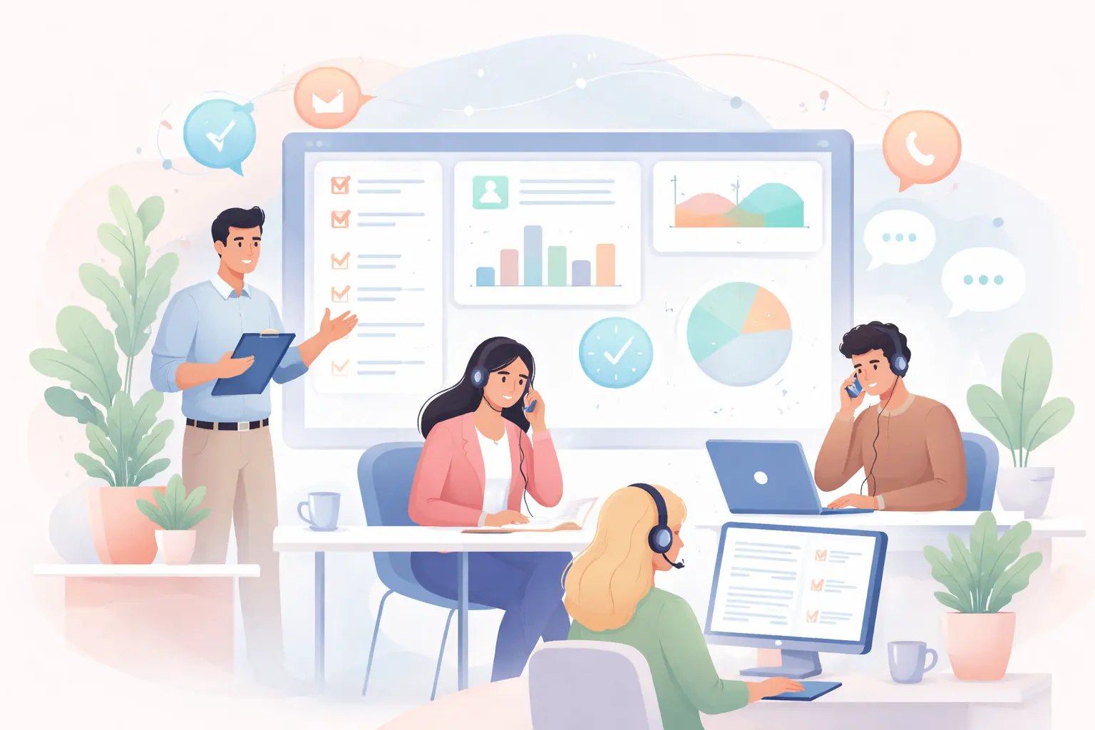 illustration of a telesales team following a structured morning routine, featuring a large smartphone with an incoming call screen, performance dashboards with rising charts, checklist icons, clocks, and agents on headsets working at desks, symbolizing call tracking, daily reset systems, and improved sales performance.