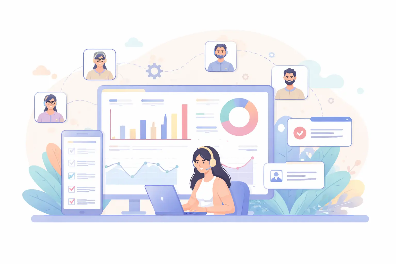 Illustration of a remote telesales agent working on a laptop with headset, surrounded by analytics dashboards, call charts, and connected team avatars representing real-time call tracking and performance monitoring.