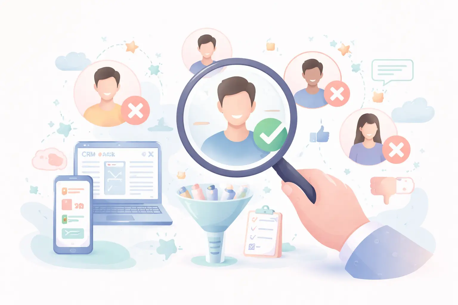 Visual representation of filtering sales leads and identifying qualified prospects in a CRM system