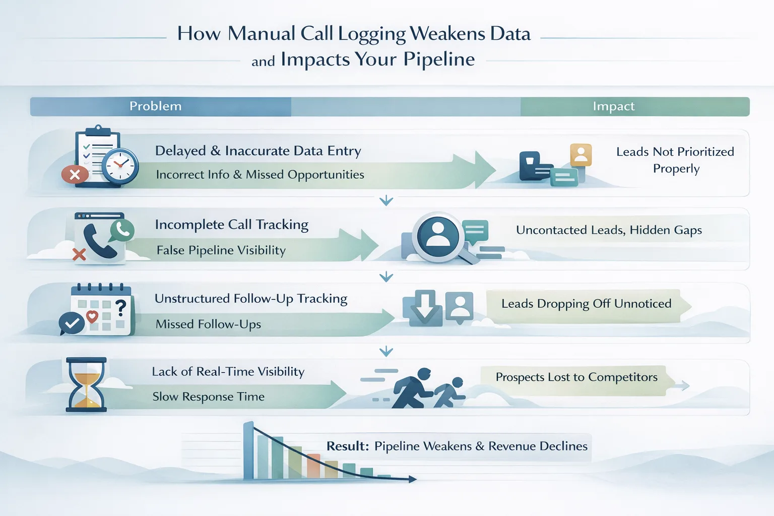 Visual representation of how manual call logging weakens data accuracy and negatively impacts sales pipeline performance and decision-making