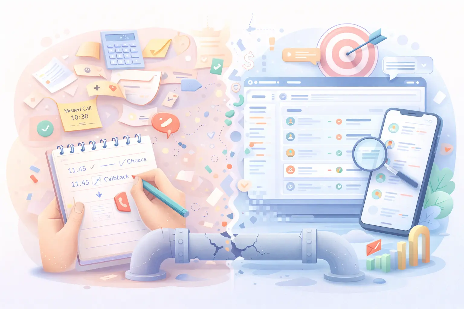 Illustration showing how manual call logging disrupts sales pipelines and reduces team productivity, highlighting inefficiencies in sales workflows