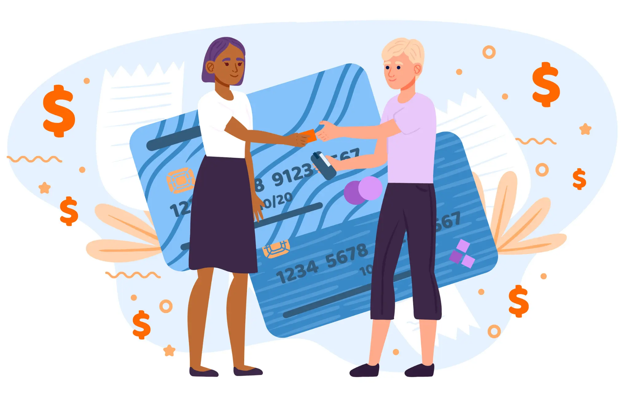 Saleswomen secure a credit card deal with a customer standing credit cards vector banner