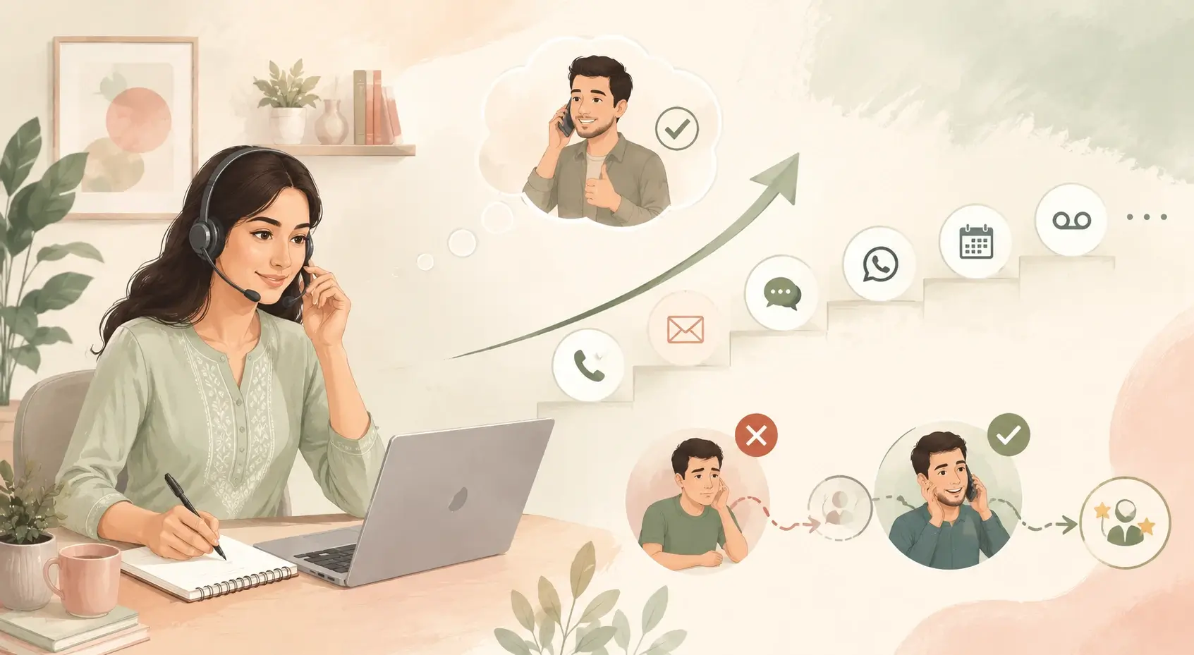Indian telecaller following up with sales leads using the 12-touch follow-up strategy
