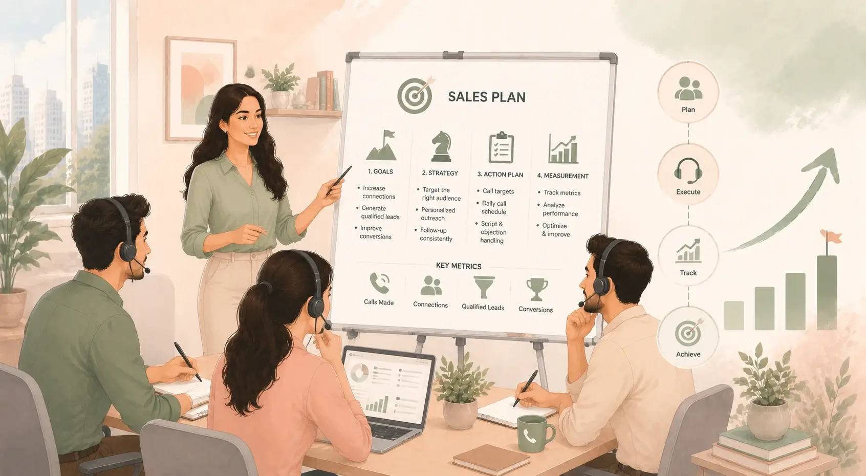 Sales manager creating a sales plan for a telecalling team to improve performance and achieve targets
