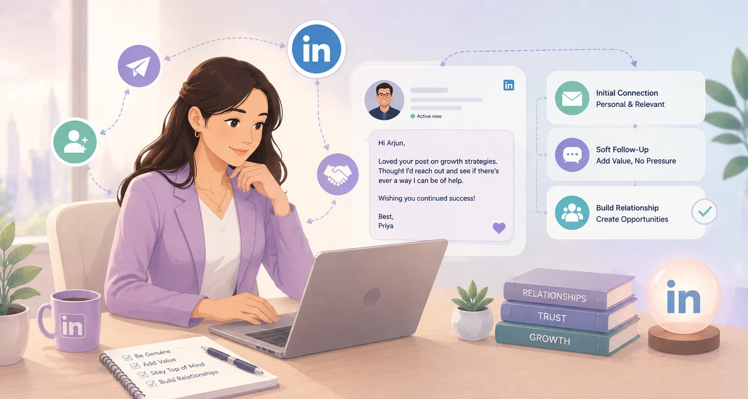 The art of the soft follow-up message on LinkedIn showing a professional using personalized messages to build trust, add value, and strengthen business relationships.