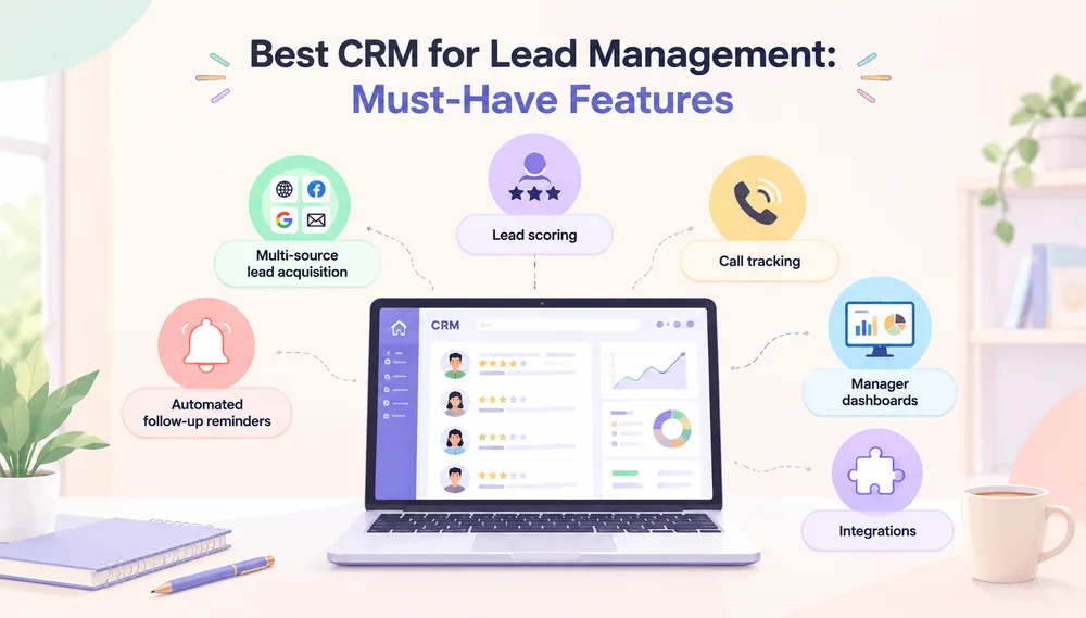 Best CRM for lead management showing essential features like lead scoring, call tracking, follow-up reminders, dashboards, and integrations