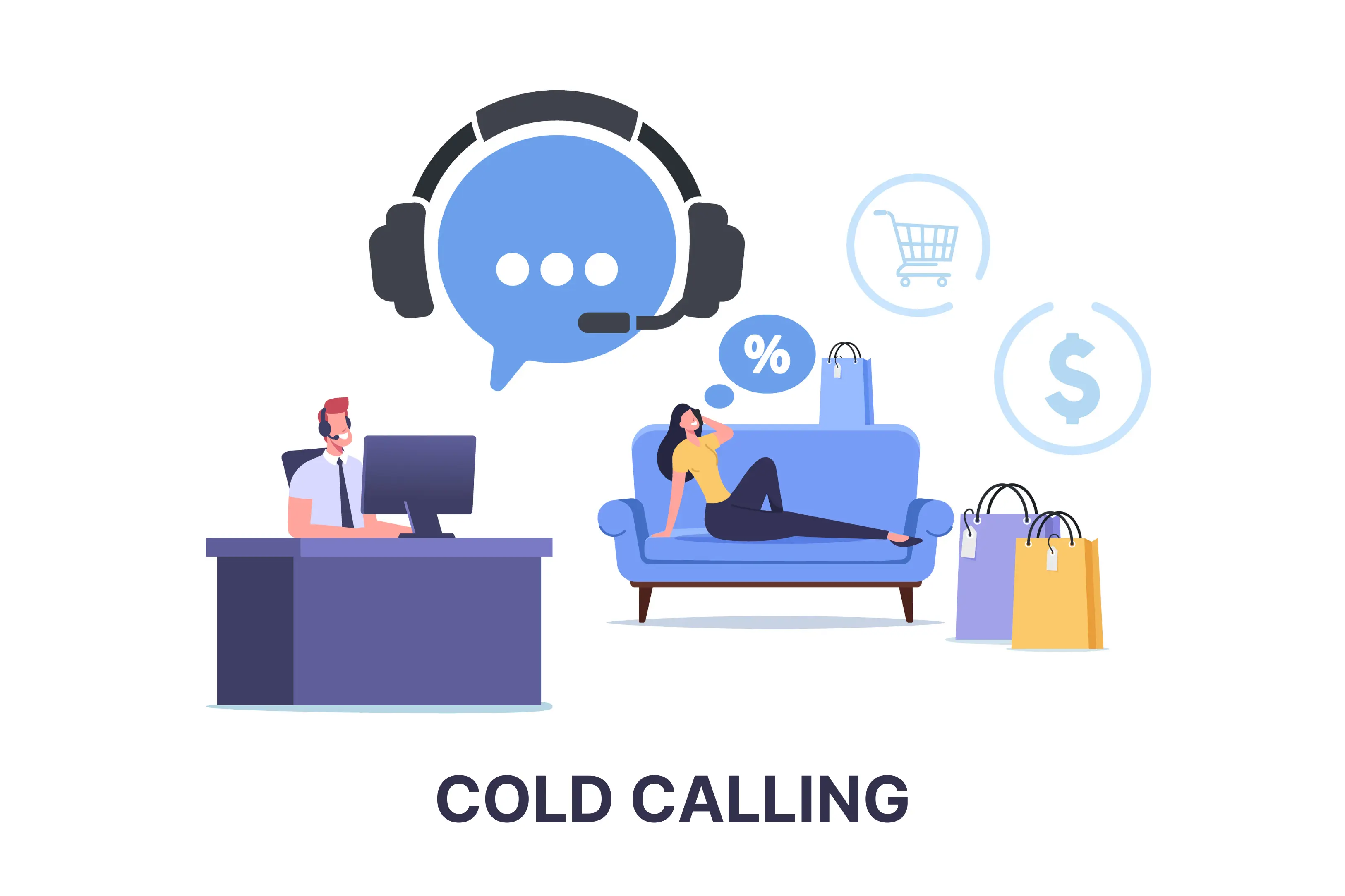 Sales call telecaller selling product or service via telemarketing phone sales to customer call support centre communicate with operator cartoon people