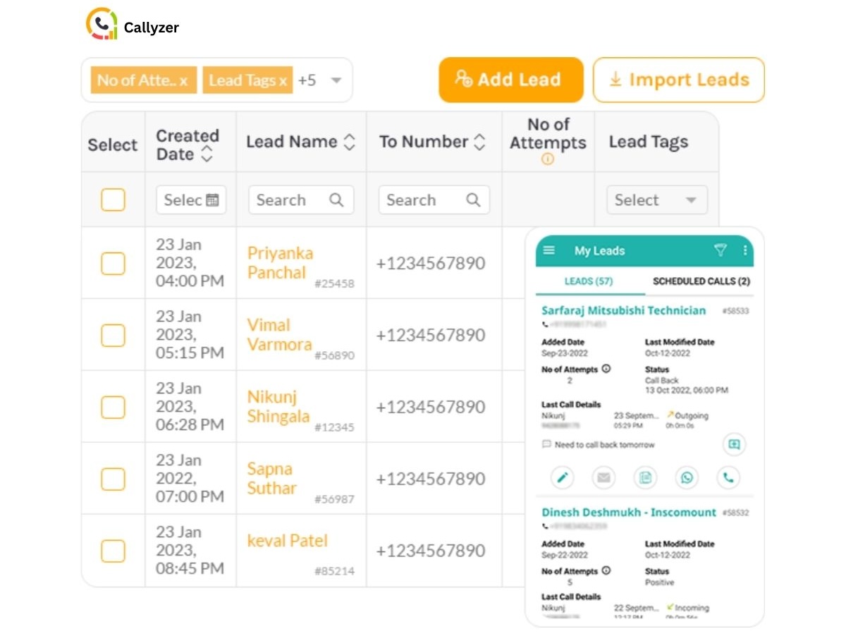 Callyzer CRM lead management dashboard showing lead details, contact numbers, lead tags, and scheduled calls