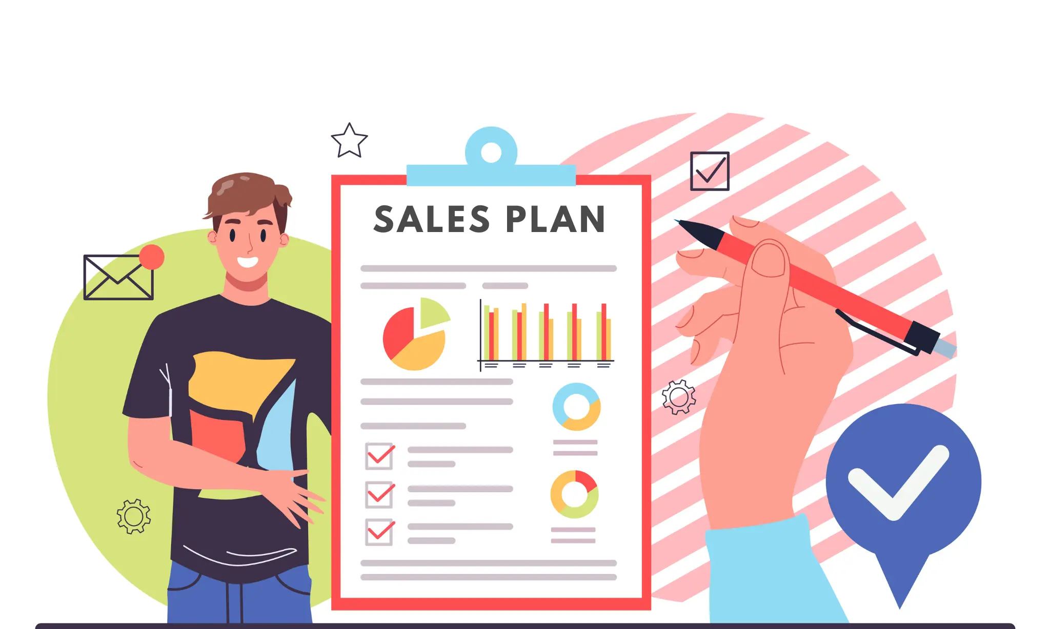 A boy and a human hand displaying a business plan and strategy to achieve goals, correct mark, mail, settings flat vector illustration