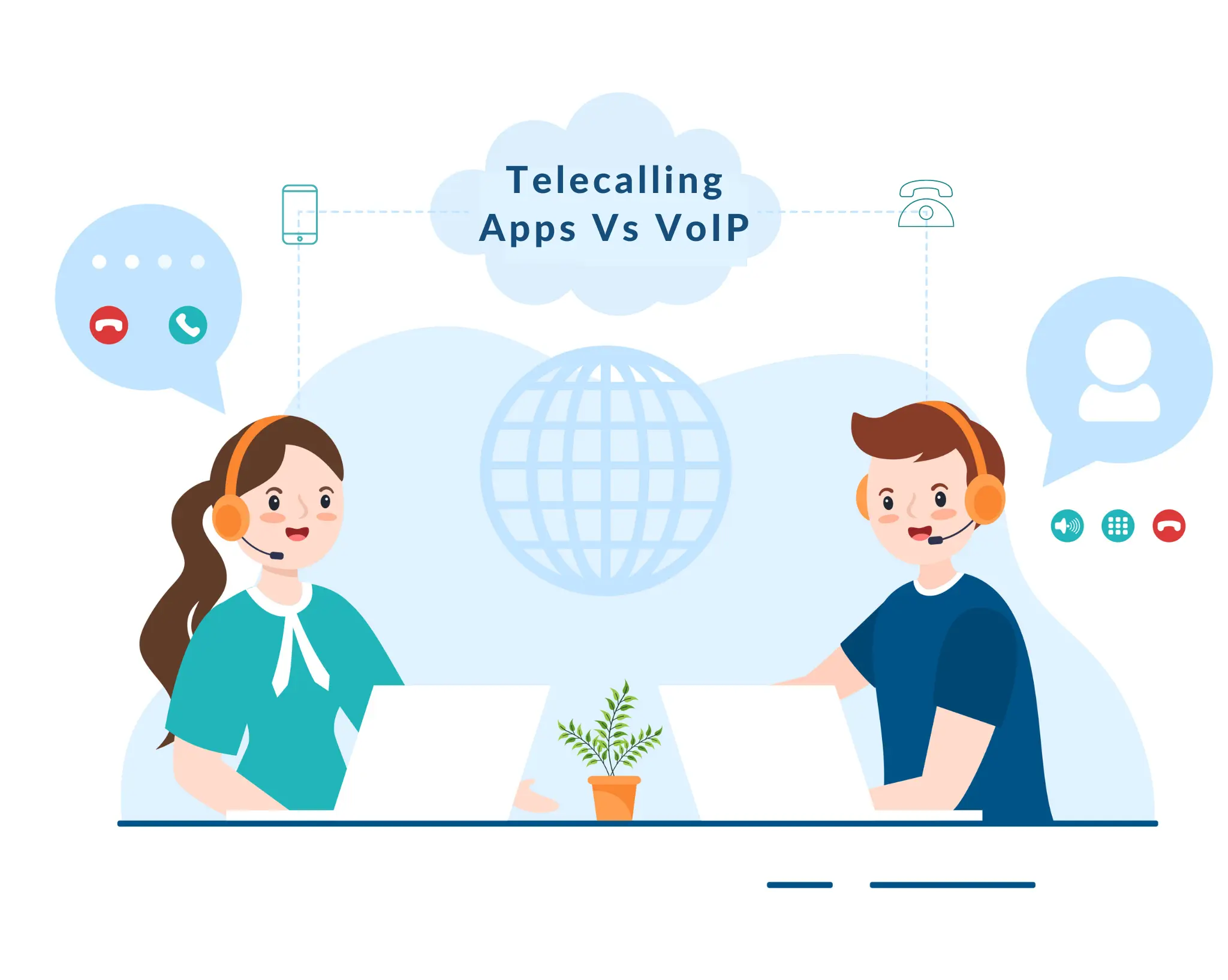 Telecalling apps vs voip call technology hand drawn illustration