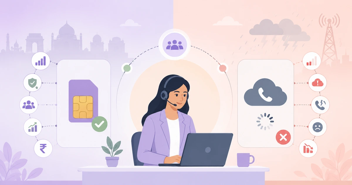 Vector illustration comparing a SIM-based telecalling CRM with a VoIP dialer in India, highlighting reliable mobile calling and cloud-based communication.