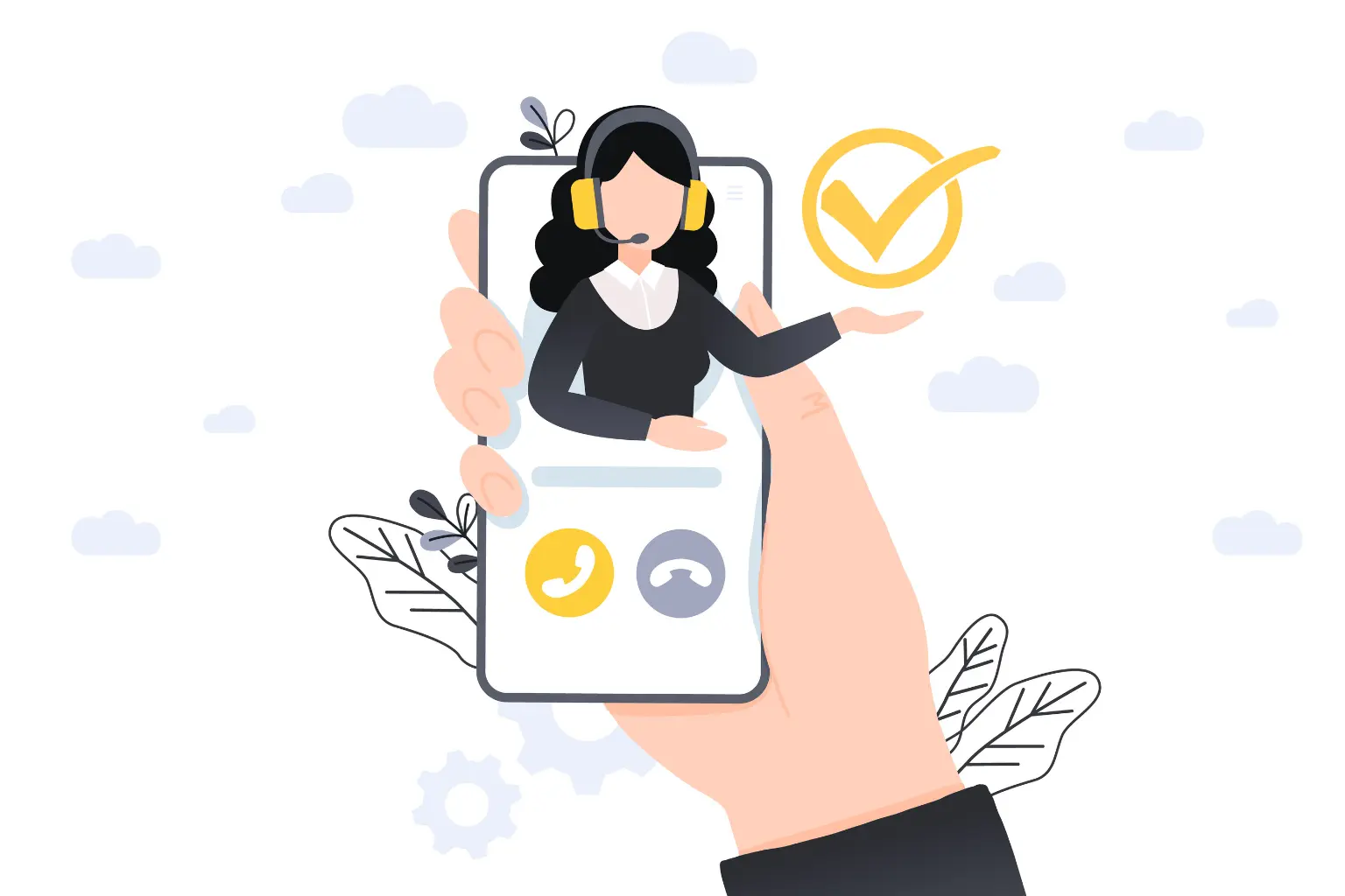 A female user hand holding a phone in which Telecalling customer support advisor represents a correct element representing 