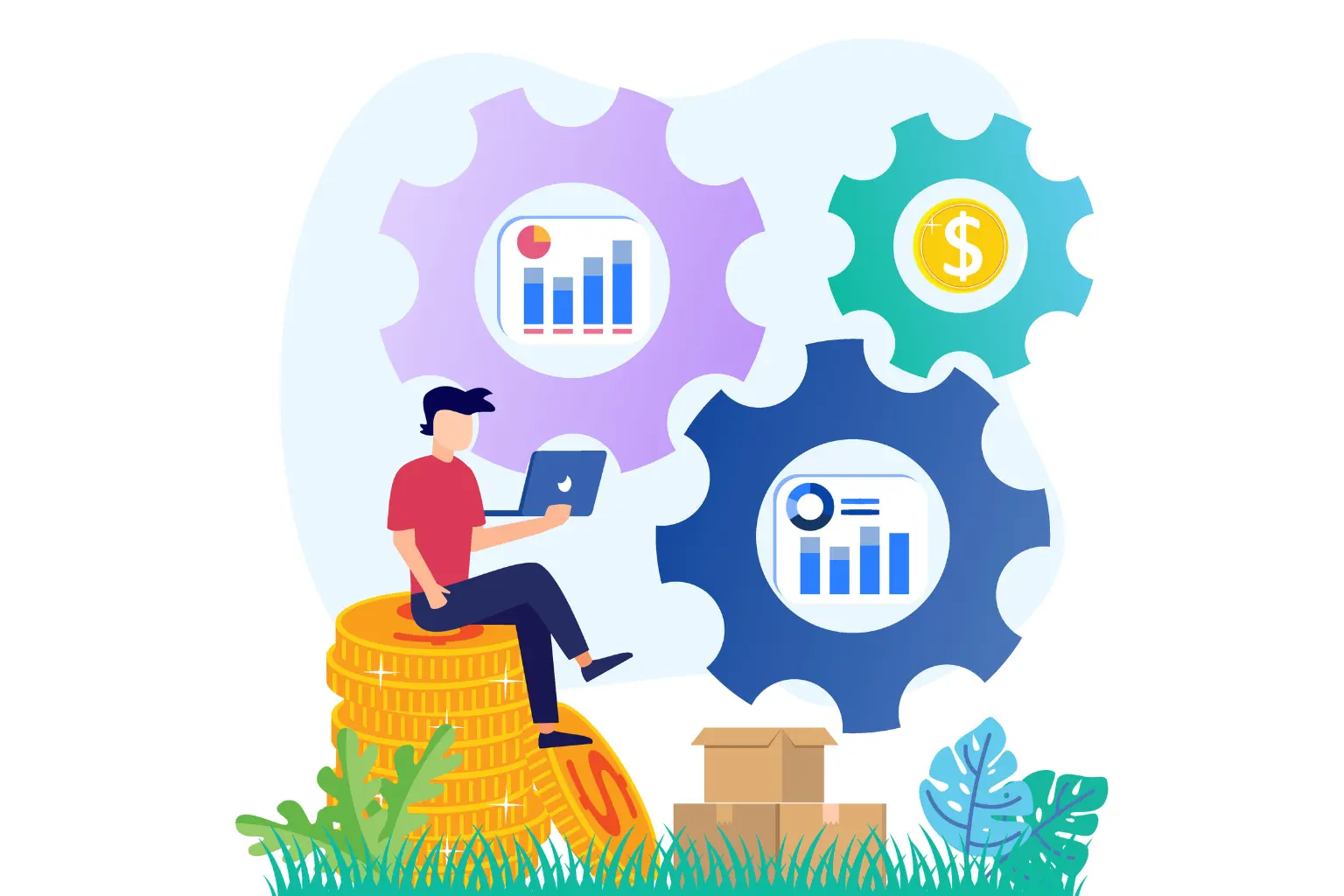  A man sitting on a stack of coins with statistics Illustration vector graphic