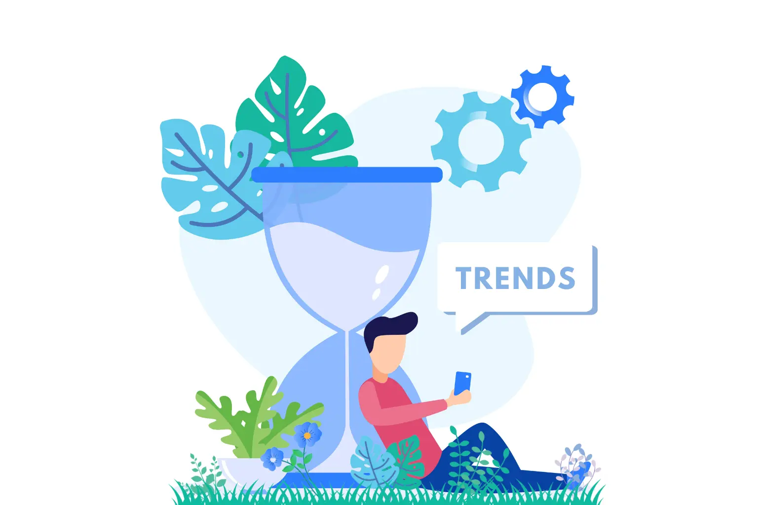  A person sitting in the grass with a phone reviewing trends Illustration vector graphic