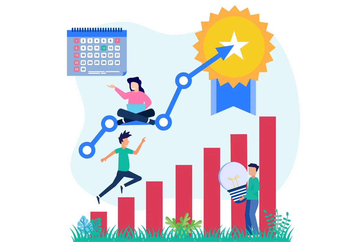 People jumping over a graph and project management Illustration of vector graphic