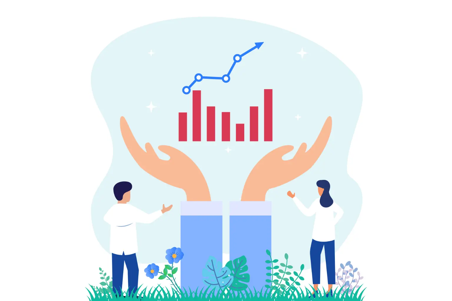 A man and a woman standing in front of hands representing a statistical graph Illustration vector graphic