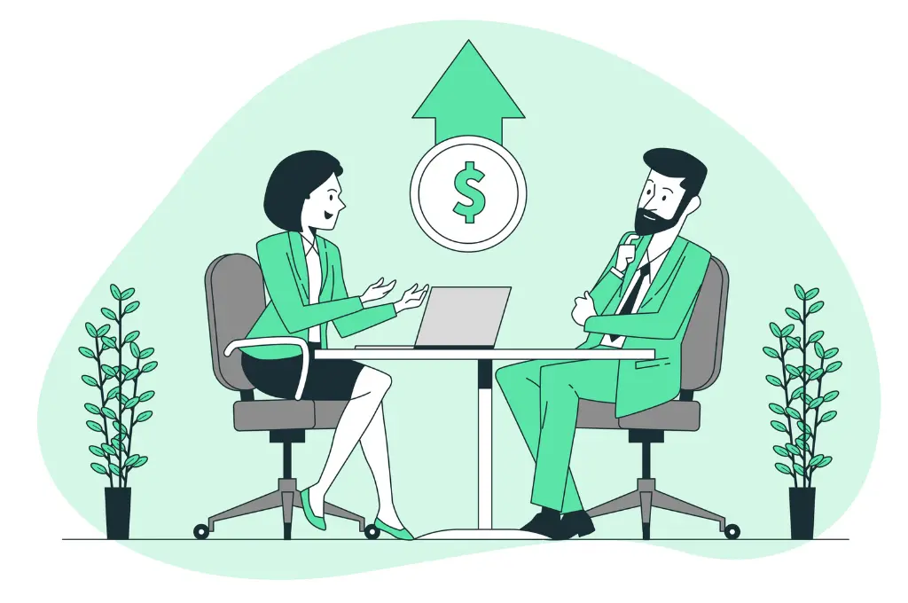 A man and a woman sitting at a table and barg-in finances with dollar vector