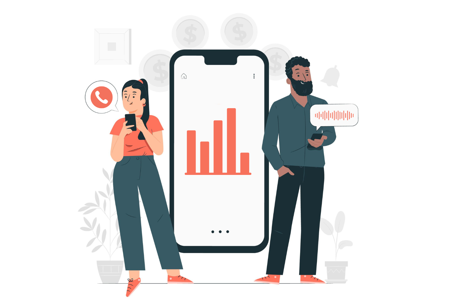 A man and a woman with a smartphone standing next to a large cellphone in which a bar chart displays illustration vector graphic