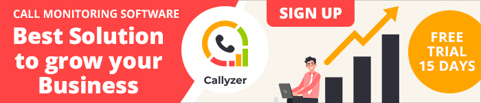 A man working on a laptop with a growing bar chart behind and text "call monitoring software, best solution to grow business" written left side, Callyzer logo with sign up and free trial displayed 