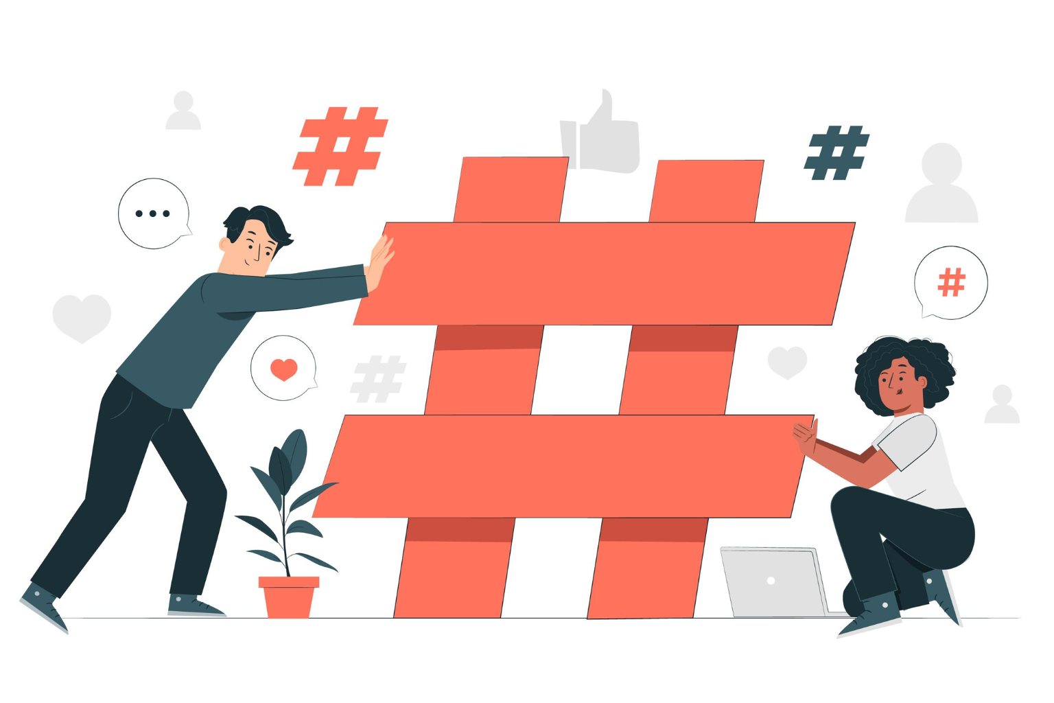 A man and a woman holding a hashtag sign illustration vector graphic