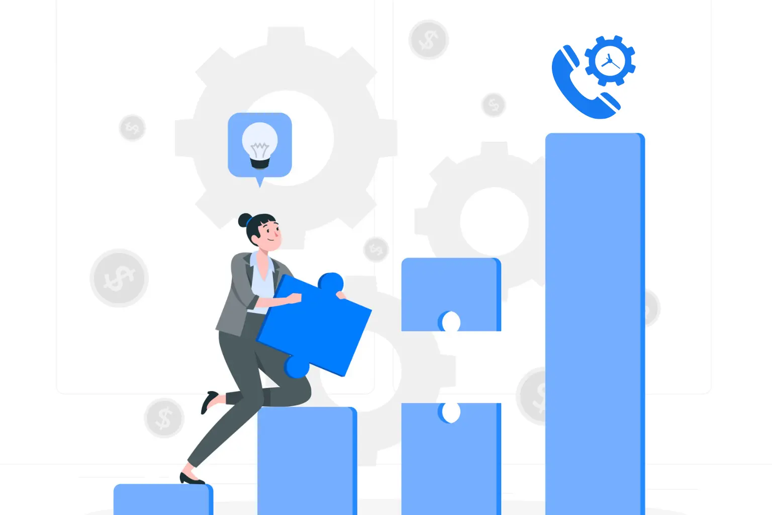 A girl stands on a bar chart holding a puzzle piece and aiming towards the call monitoring vector at the top of the last bar of the bar chart Business solution concept illustration