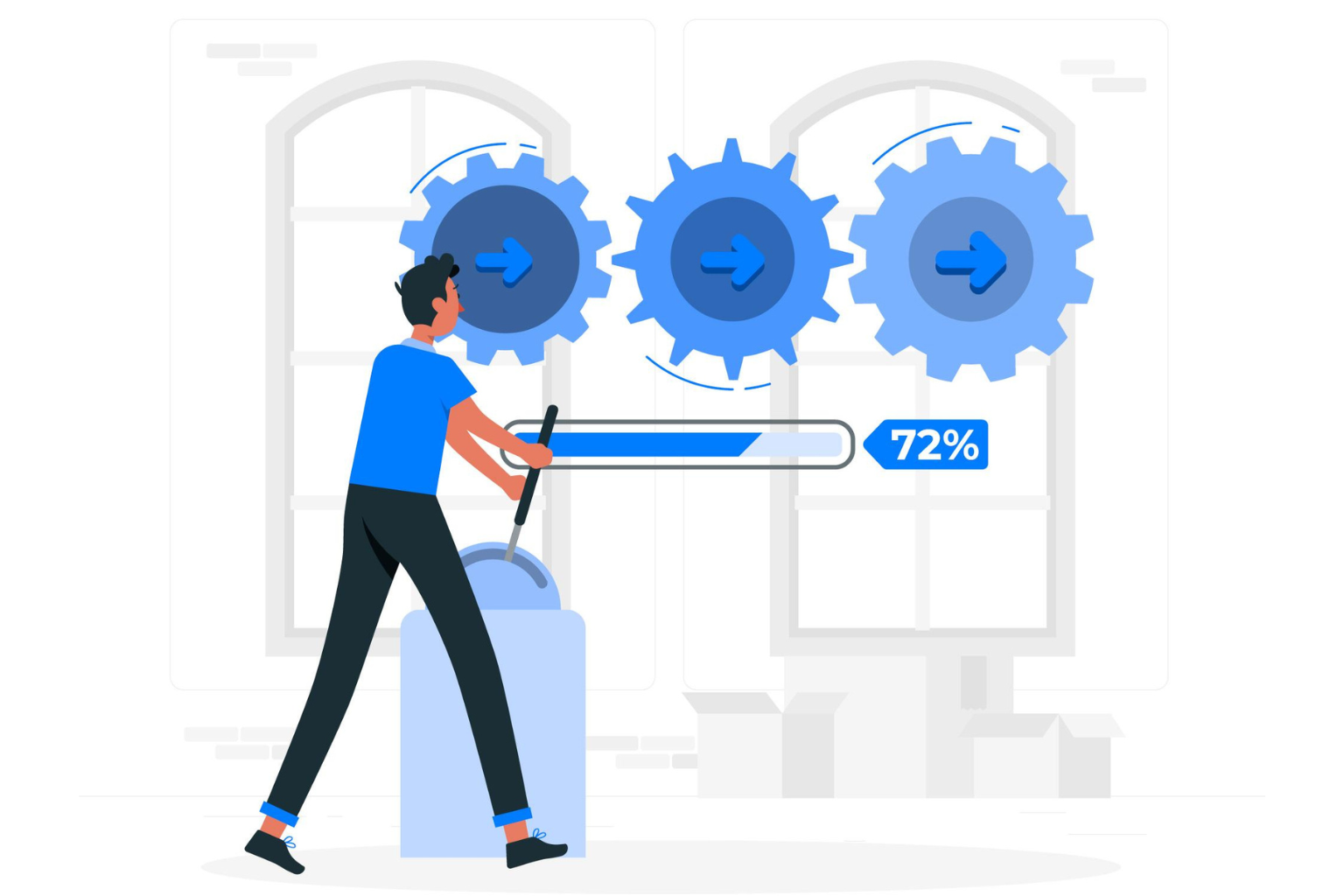 A man pushing a machine with gears, process concept illustration