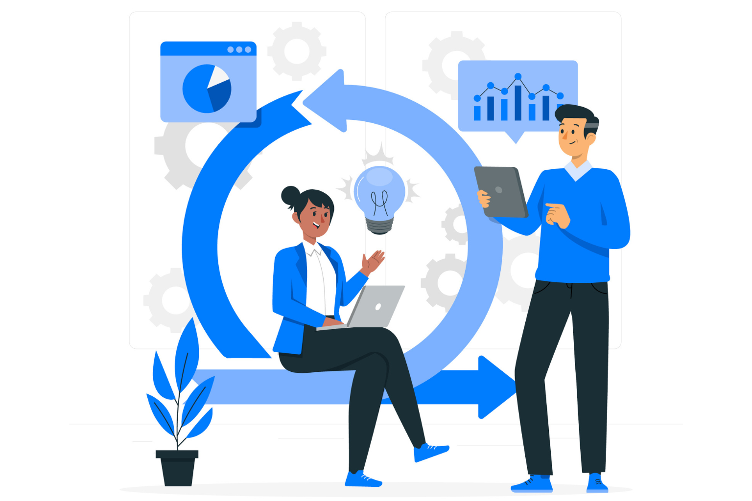 A woman sitting on a bench with a laptop and a light bulb, A man standing next to her with his tablet statistics Scrum method concept illustration